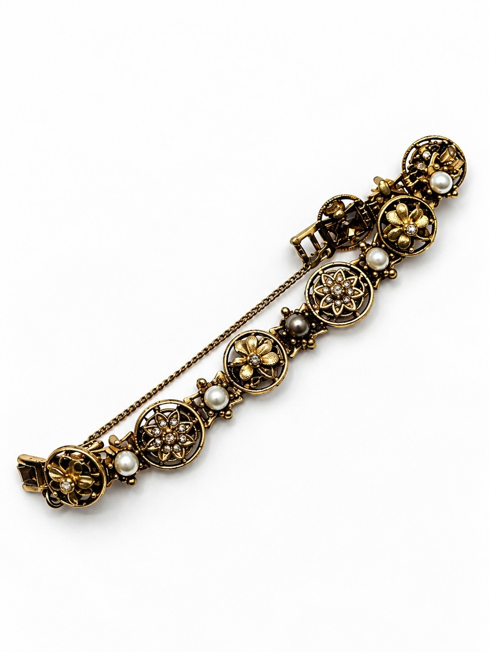 Vintage Gold Tone Floral Faux Pearl Link Bracelet